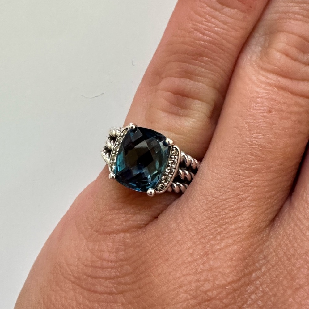 David Yurman Silver Ring with Deep Blue Gemstone